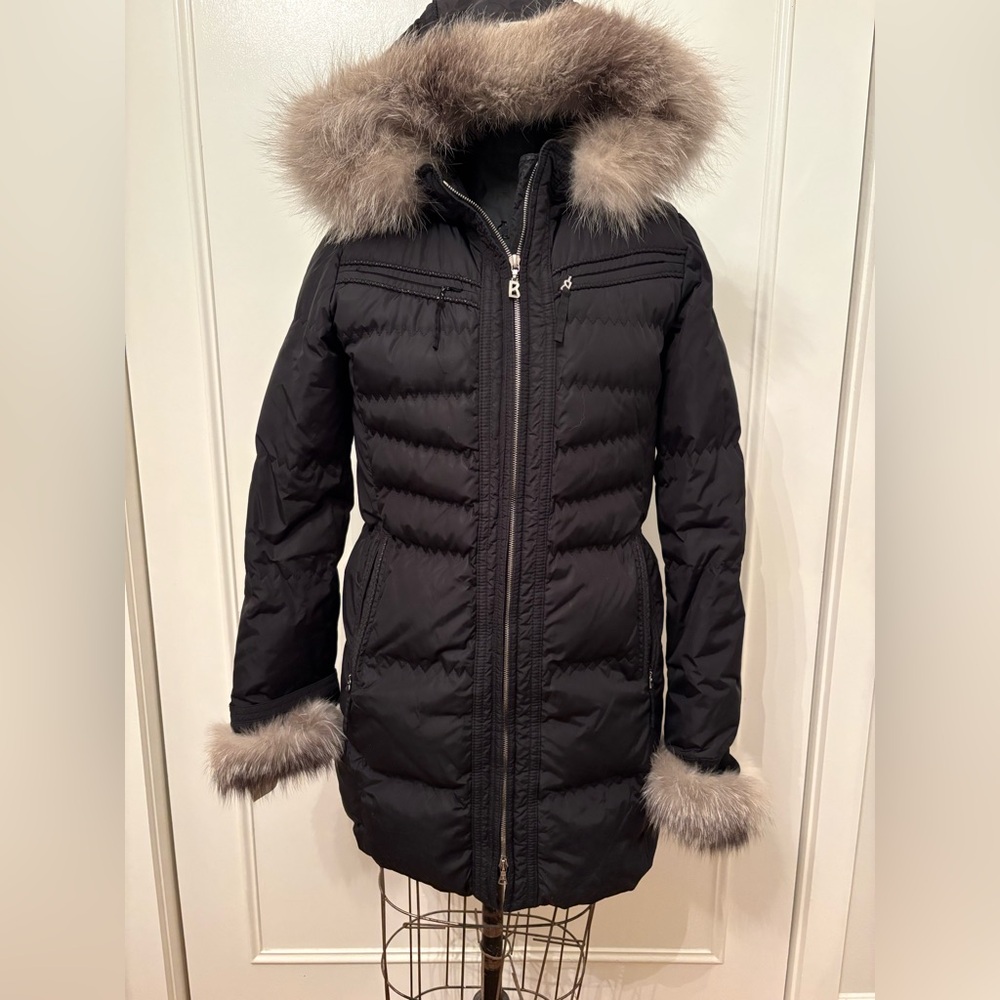 Bogner Black 3/4 Down Coat with Fur Trim